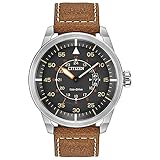 Citizen Eco-Drive Avion Quartz Mens Watch, Stainless Steel with Leather strap, Weekender, Brown...